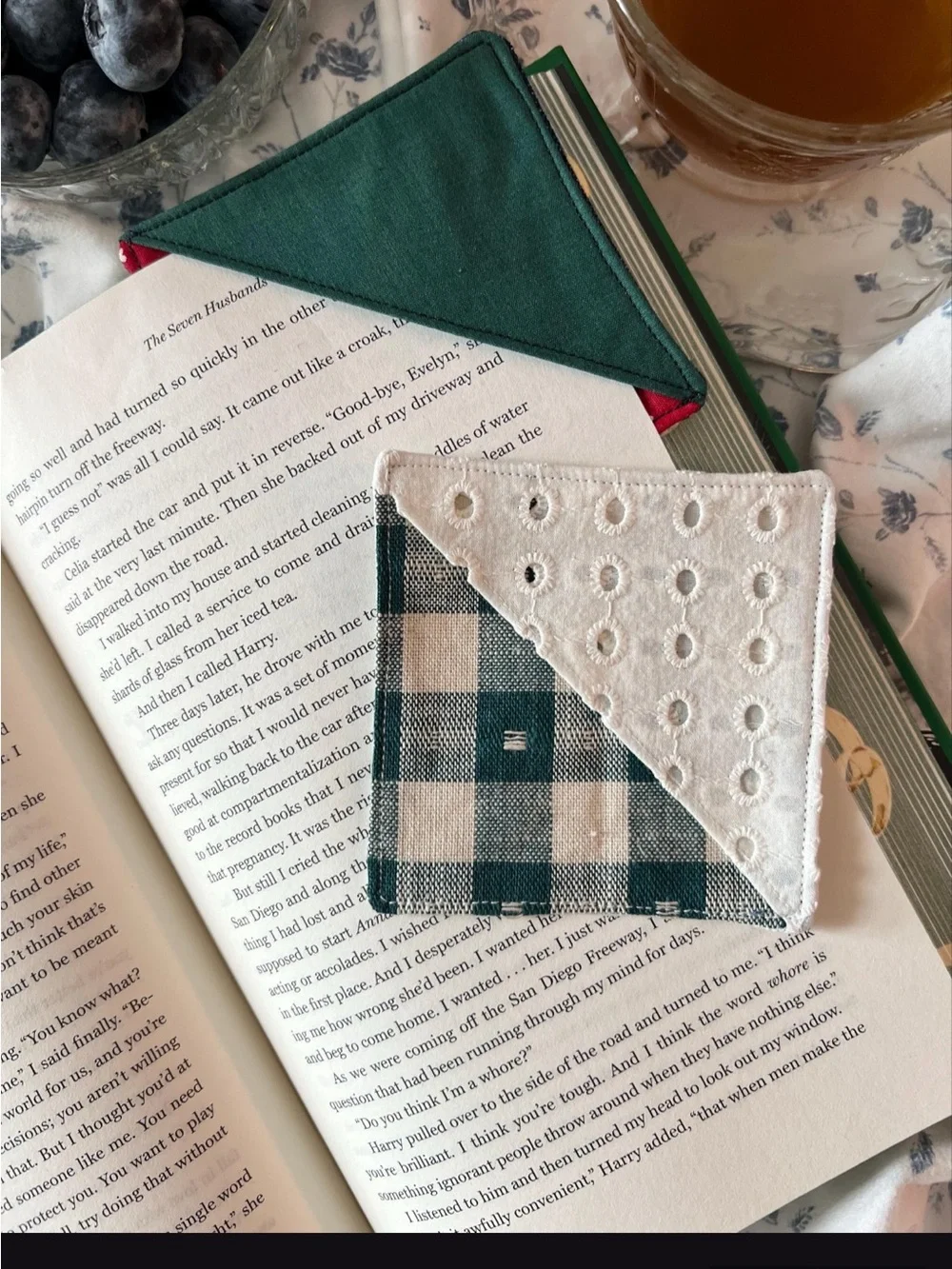 Handmade Green Gingham Eyelet Red Heart Corner Bookmark Set